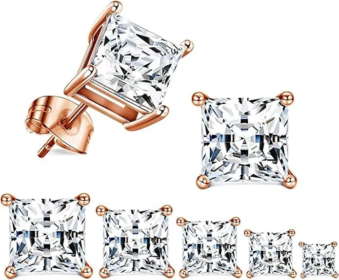 6 Pairs Post Cubic Zirconia Earrings Princess Cut Square Stud Earrings for Women Men Cartilage Studs Earring Piercing Set 3mm-8mm - Grocery