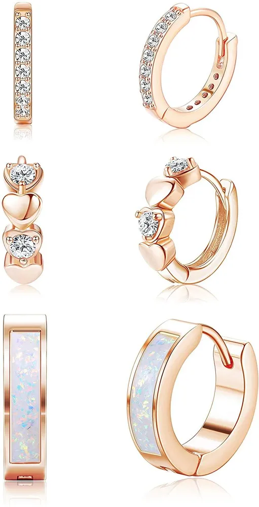 Opal Hinged Hoop Earrings Small Huggie Hoop Earrings For Women Cubic Zirconia Heart Hoop Earrings Mini Dainty Earrings Rose Gold Color - Grocery