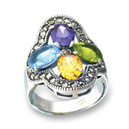 LOA522 - Antique Tone 925 Sterling Silver Ring with AAA Grade CZ in Multi Color - Grocery