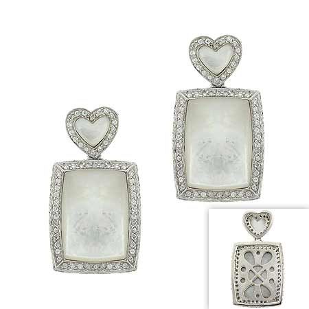 Sterling Silver .925 Genuine White Mother of Pearl MOP Stone Inlay Heart Flower Filigree Simulated Diamond cz Pave Dangle Rectangle Earrings - Grocery