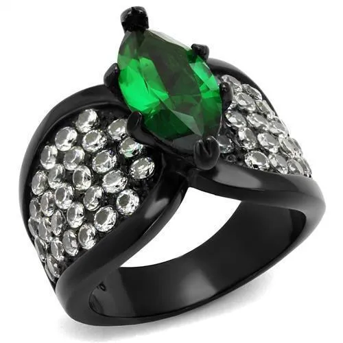 TK1548J - IP Black(Ion Plating) Stainless Steel Ring with Synthetic Synthetic Glass in Emerald - Grocery