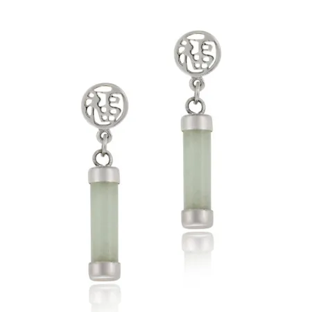 Sterling Silver and Green Jade Chinese 'Blessing' Dangle Earrings - Grocery