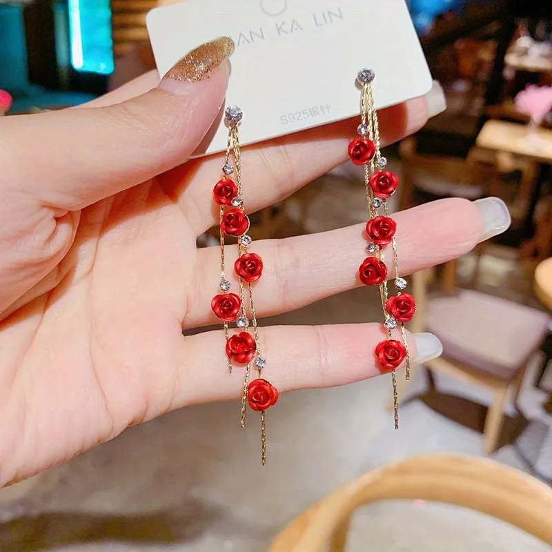 Red / Purple Rose Flower Tassel With Shiny Zircon Decor Dangle Earrings Elegant Luxury Style Wedding Banquet Accessories - Grocery