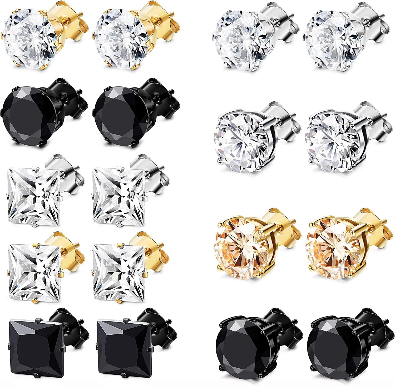 6 Pairs Stainless Stud Earrings for Men Women CZ Earrings; 3-8MM - Grocery