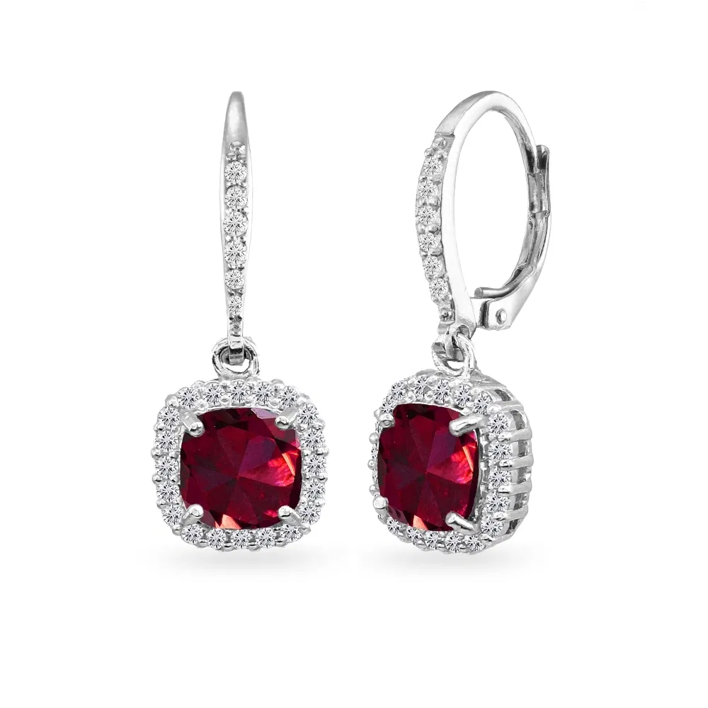 925 Silver Created Ruby Cushion-Cut Dangle Halo Earrings w/ White Topaz Accents - Grocery