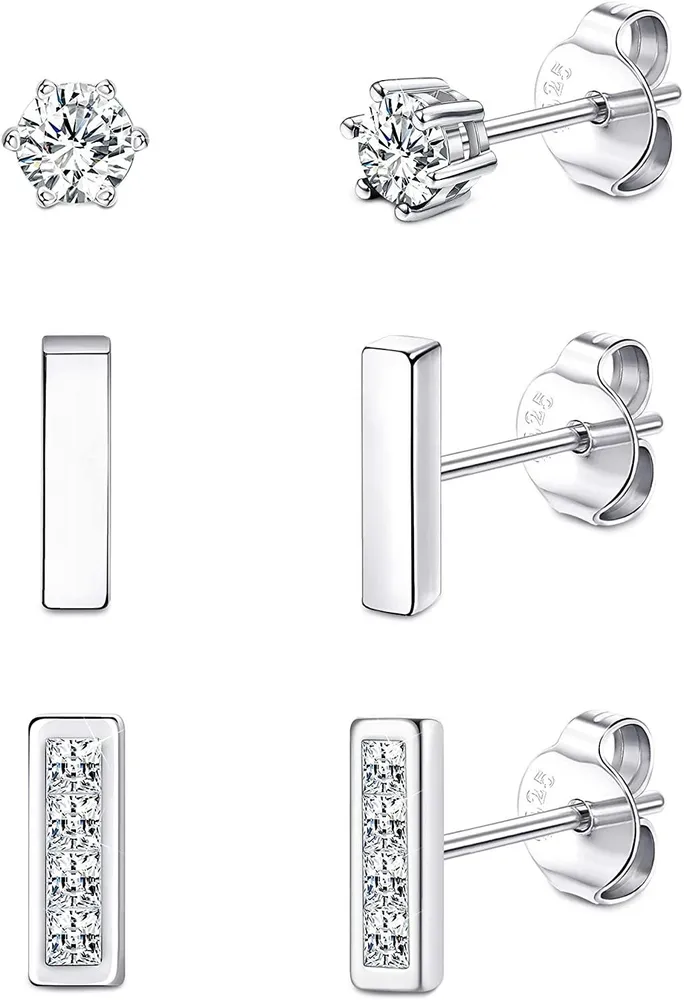 3 Pairs Sterling Silver Bar Stud Earrings Set Sterling Silver Tiny Cubic Zirconia Bar Cartilage Earrings Set for Women Man - Grocery