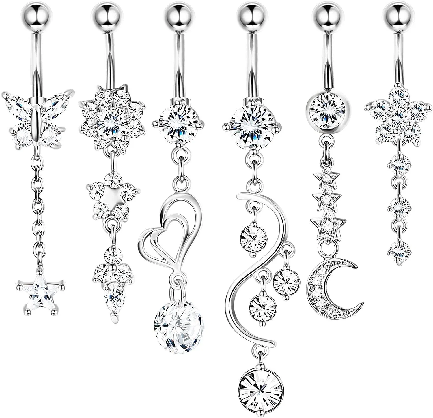 6pcs 14g Belly Button Rings Dangle; Navel Rings Barbell CZ Paved; Surgical Steel Body Piercing Jewelry for Women - Grocery