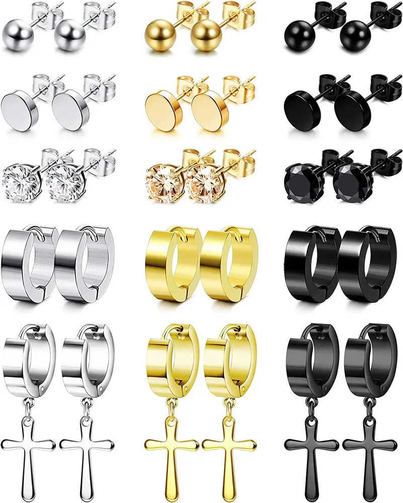 15 Pairs Stainless Stud Earrings Round Ball CZ Flat Stud Earrings Cross Dangle Hinged Hoop Earrings Set for Men Women - Grocery