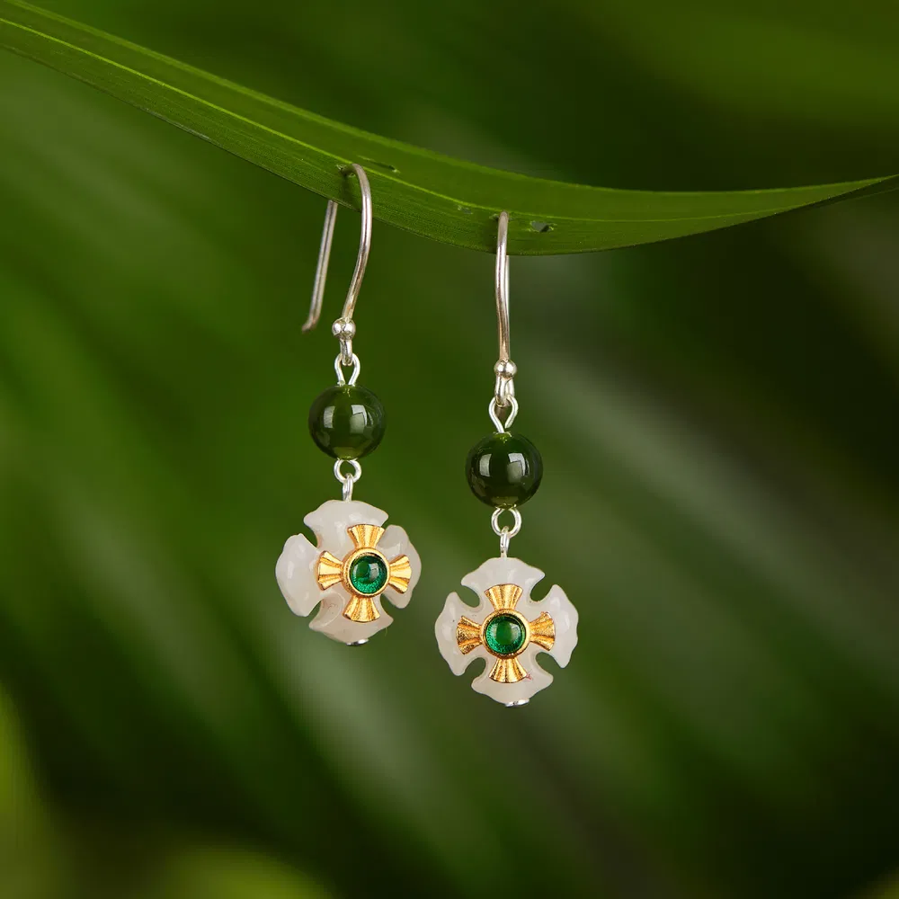 S925 Silver Chinese Style Earrings Classical Petal Stitching Jasper Bead Accessories - Grocery
