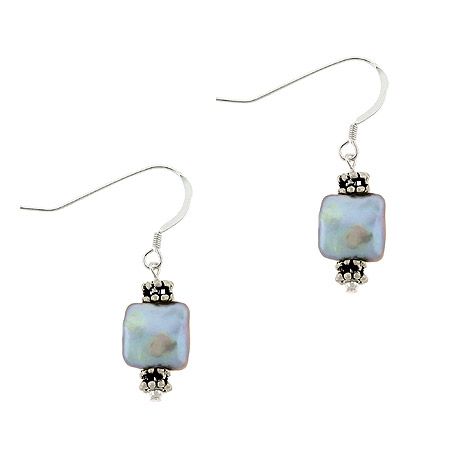 Sterling Silver .925 Iridescent Gray Square Genuine Freshwater Cultured Coin Pearl Bali Bead Dangle Hook Earrings - Grocery