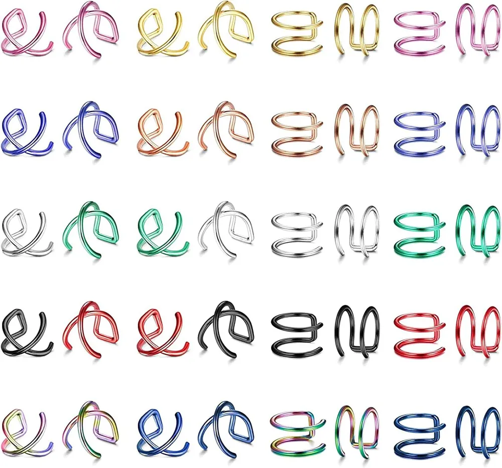 Ear Cuffs Stainless Fake Helix Cartilage Earrings for Women; Criss Cross Double Lines Ear Cuffs; Adjustable No Piercing Colorful Clip On Earrings Set - Grocery