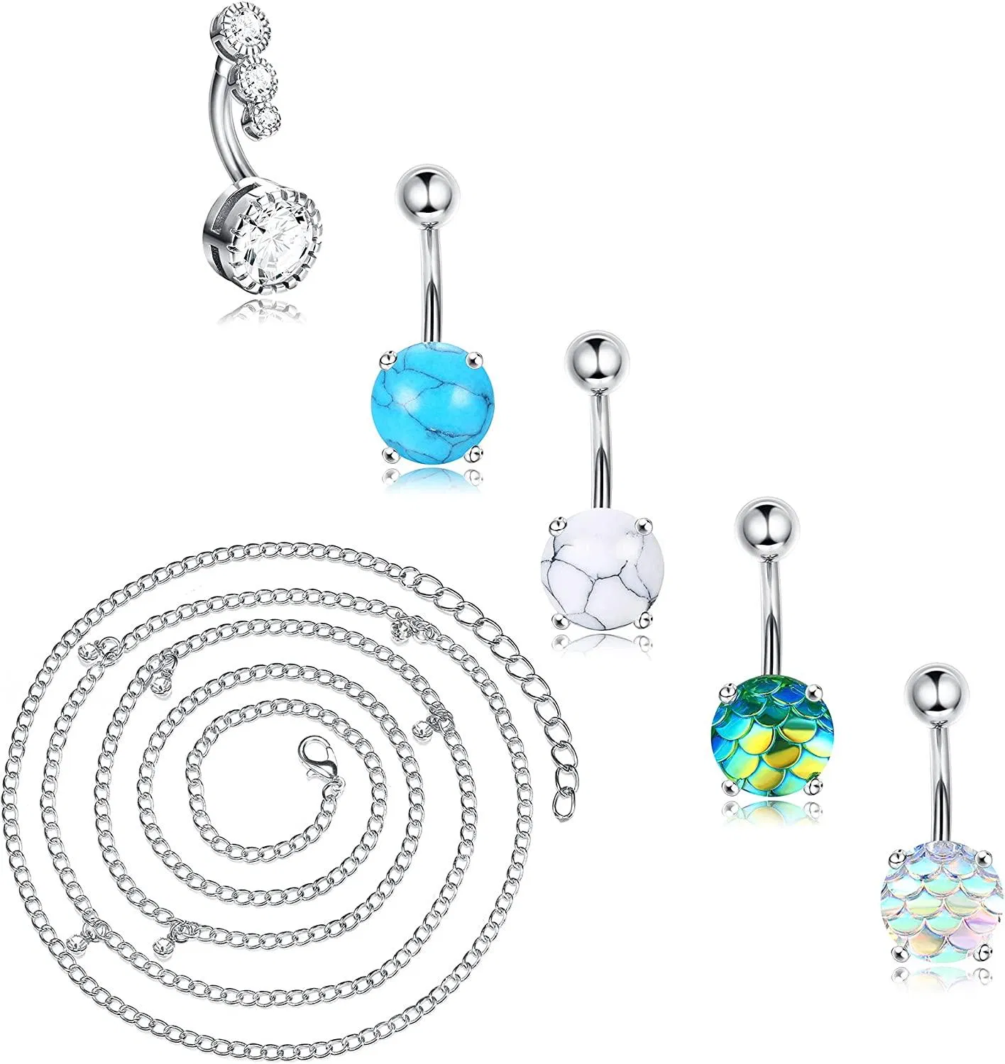 14G Belly Button Rings with Waist Chain Surgical Stainless Diamond CZ Dangle Belly Rings Cute Navel Rings Dangle Belly Button Piercing Jewelry for Women - Grocery