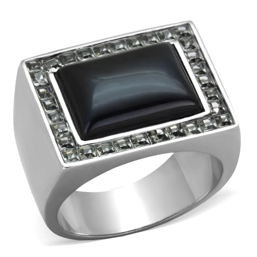 TK2065 - High polished (no plating) Stainless Steel Ring with Synthetic Cat Eye in Smoked Quartz - Grocery