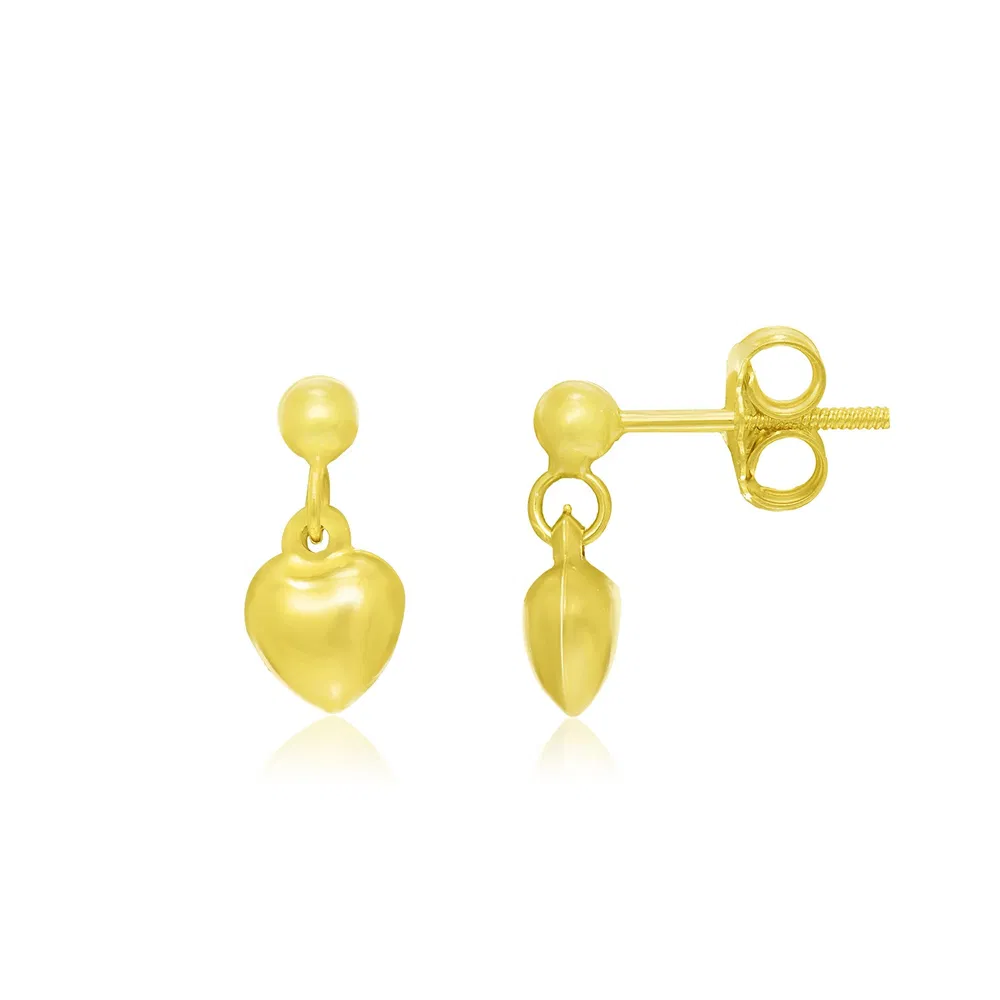 14k Yellow Gold Puffed Heart childrens Dangling Earrings - Grocery
