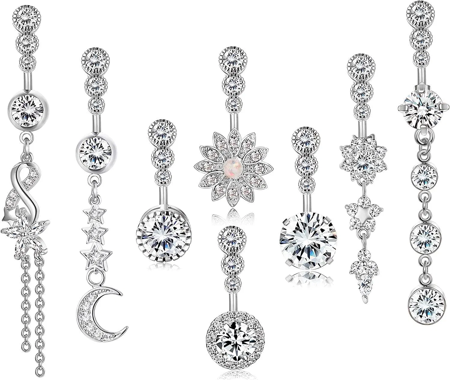 14G 316L Surgical Steel Dangle Belly Button Rings for Women Clear CZ Navel Rings Belly Rings Belly Piercing Jewelry 8Pcs - Grocery