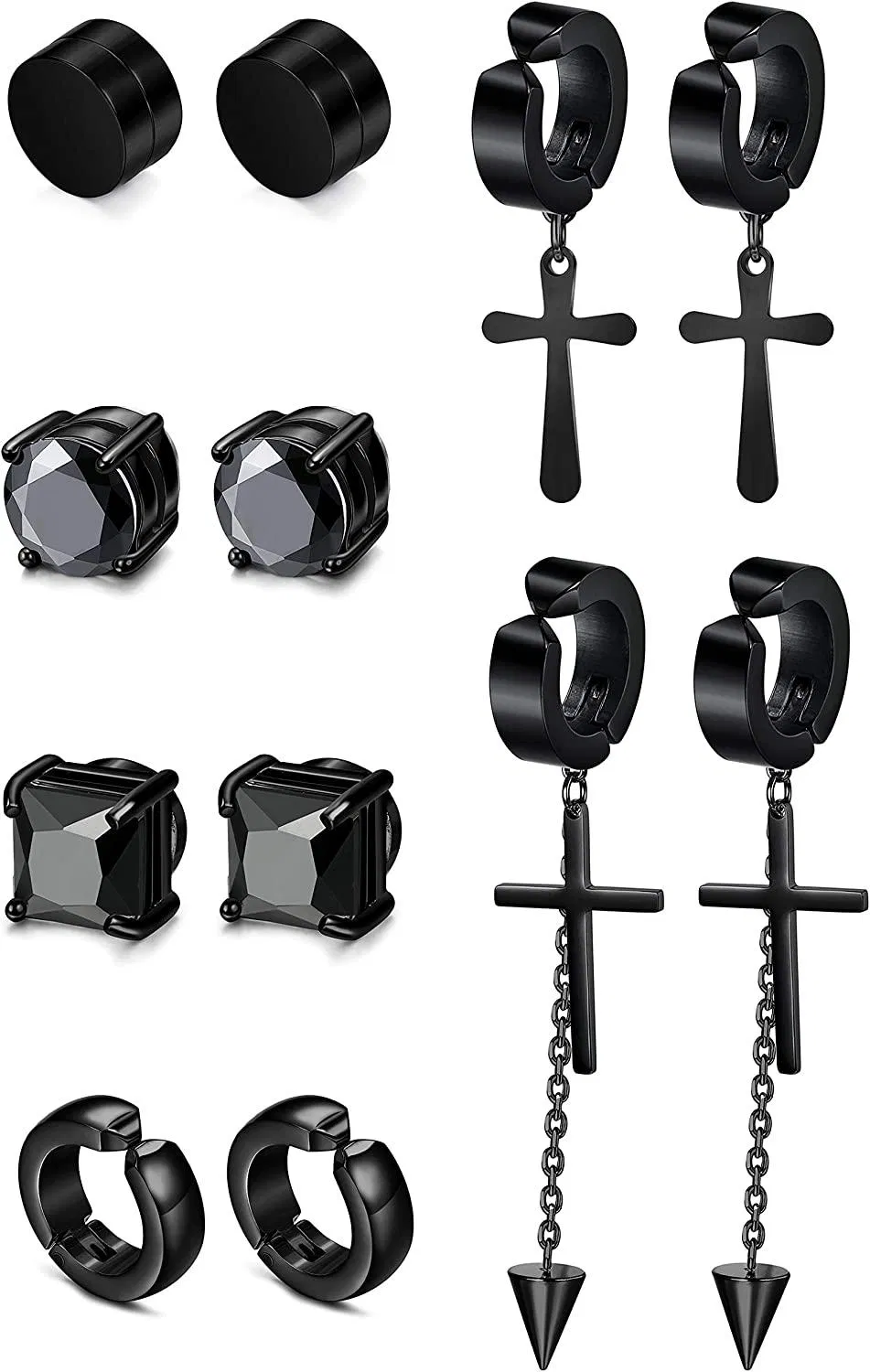 Stainless Non Piercing Magnetic Earrings for Men Women Cross Dangle Cuff Earring Set Hinged Huggies Earrings 6Pairs - Grocery