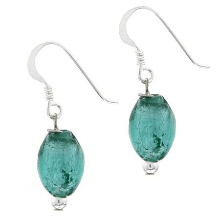 Sterling Silver Aqua Blue Glass Glitter Foil Bead Oval Dangle Earrings - Grocery