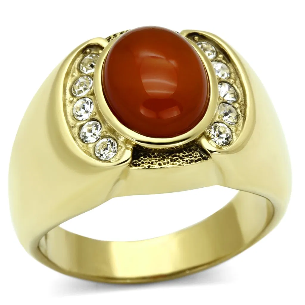 TK729 - IP Gold(Ion Plating) Stainless Steel Ring with Semi-Precious Agate in Siam - Grocery