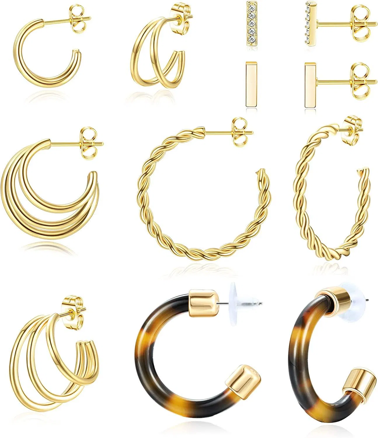 6 Pairs Stainless Half Hoop Earrings for Women Multipack Open Twisted Acrylic Double Triple Hoop Earrings Mini Bar Stud Earrings Set - Grocery