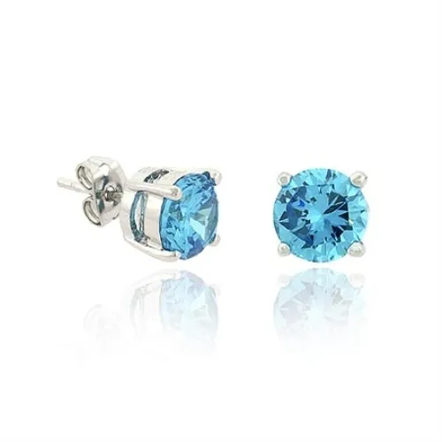Sterling Silver Light Blue CZ Round Stud Earrings, 8mm - Grocery