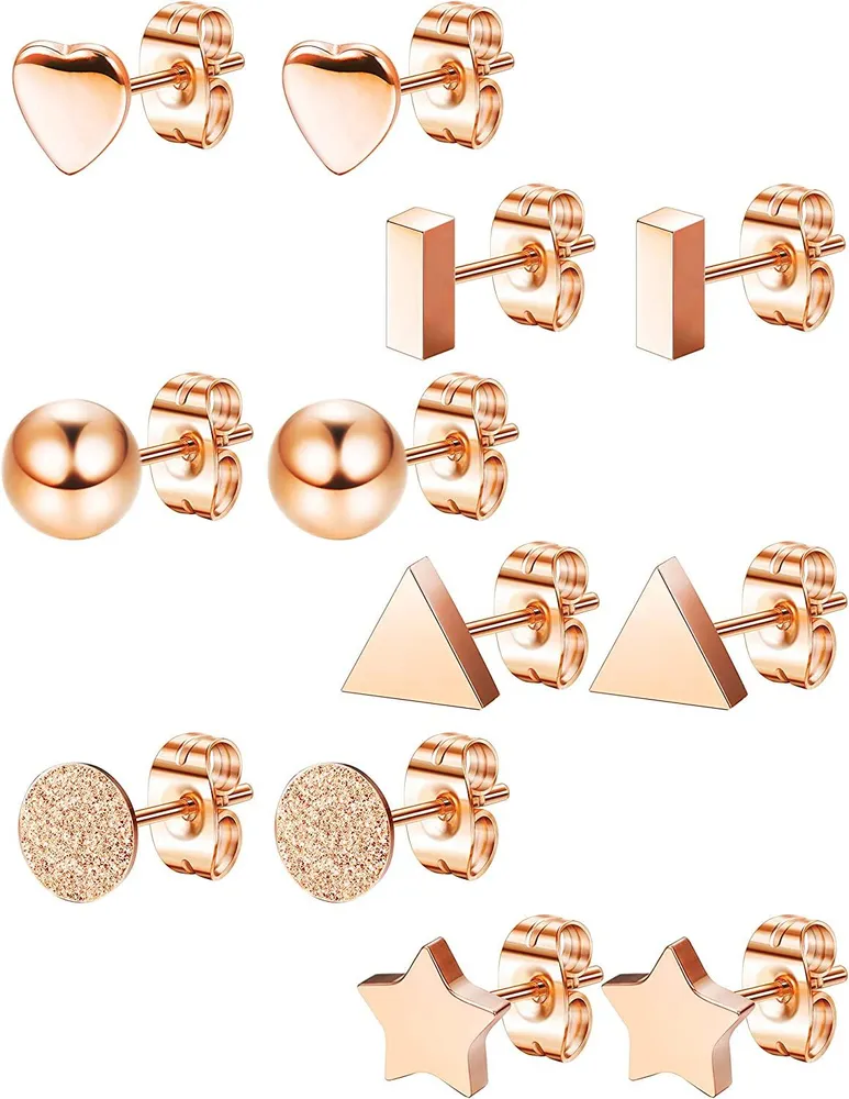 6 Pairs Stainless Stud Earrings Set for Women Bar Heart Ball Star Triangle Ear Piercing - Grocery