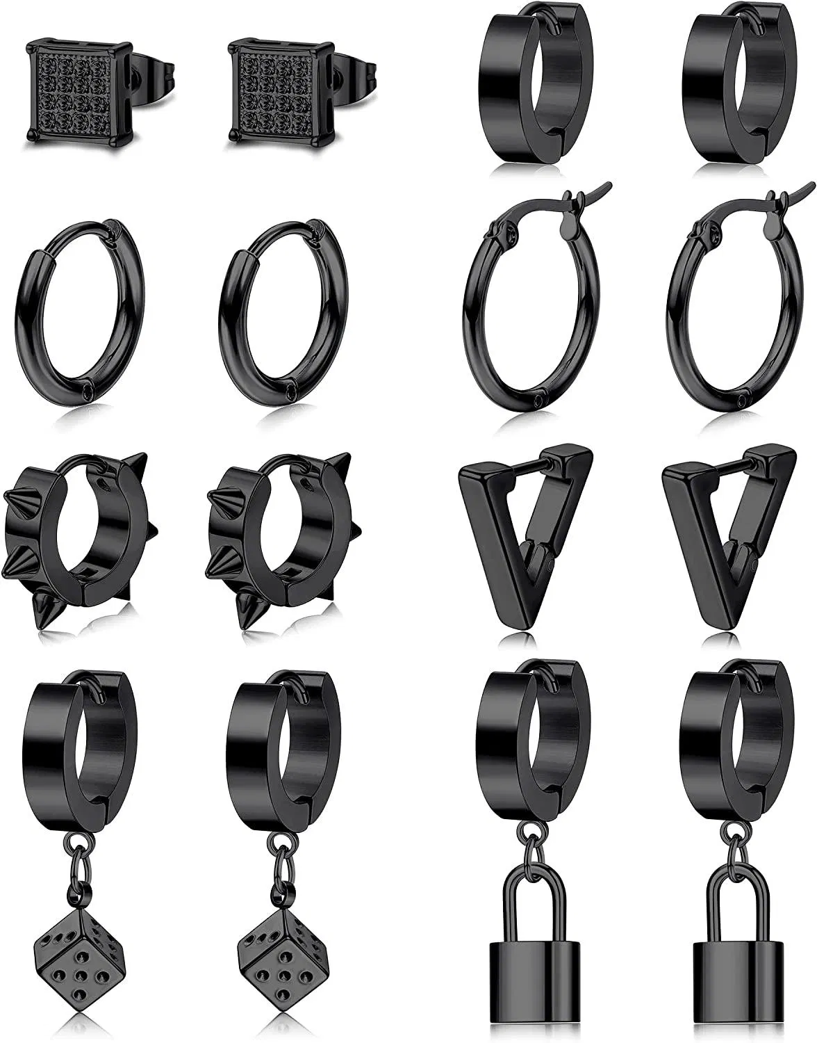 8 Pairs Black Earrings for Men Stainless Mens Earrings Set Kpop Earrings CZ Square Stud Earring Huggie Hoop Dangle Earring Set - Grocery