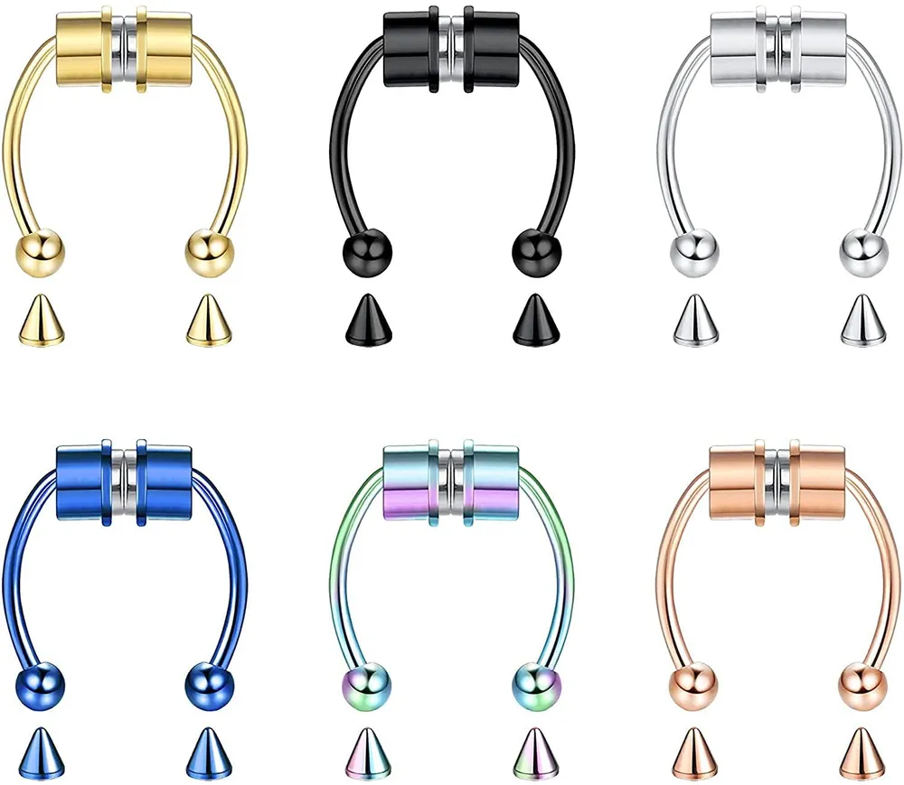 Magnetic Septum Nose Ring Horseshoe Fake Nose Ring Hoop Reusable Faux Nose Ring Hoop Non-Piercing 316L Stainless Steel - Grocery