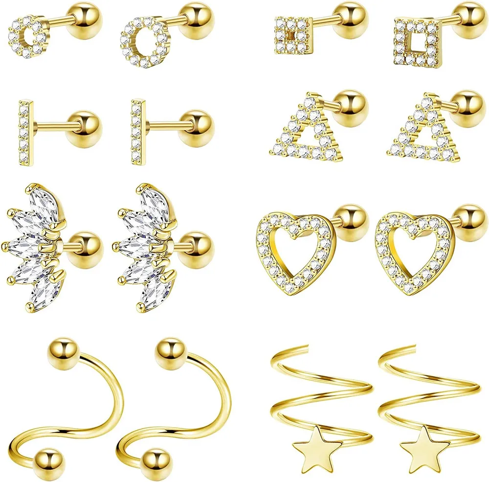 18G Stainless Ear Cartilage Earrings for Women Tragus Helix Barbell Heart Flower Feather CZ Stud Ear Piercing Jewelry - Grocery