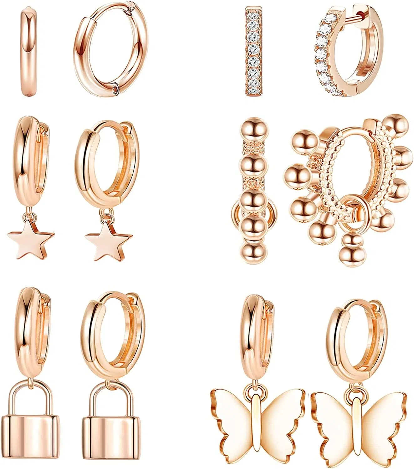 6 Pairs Gold Plate Hoop Earrings Cute Huggie Hoop Dangle Earrings Set Butterfly Star Earrings for Women Men Stainless Earrings Fashion Jewerly - Grocery