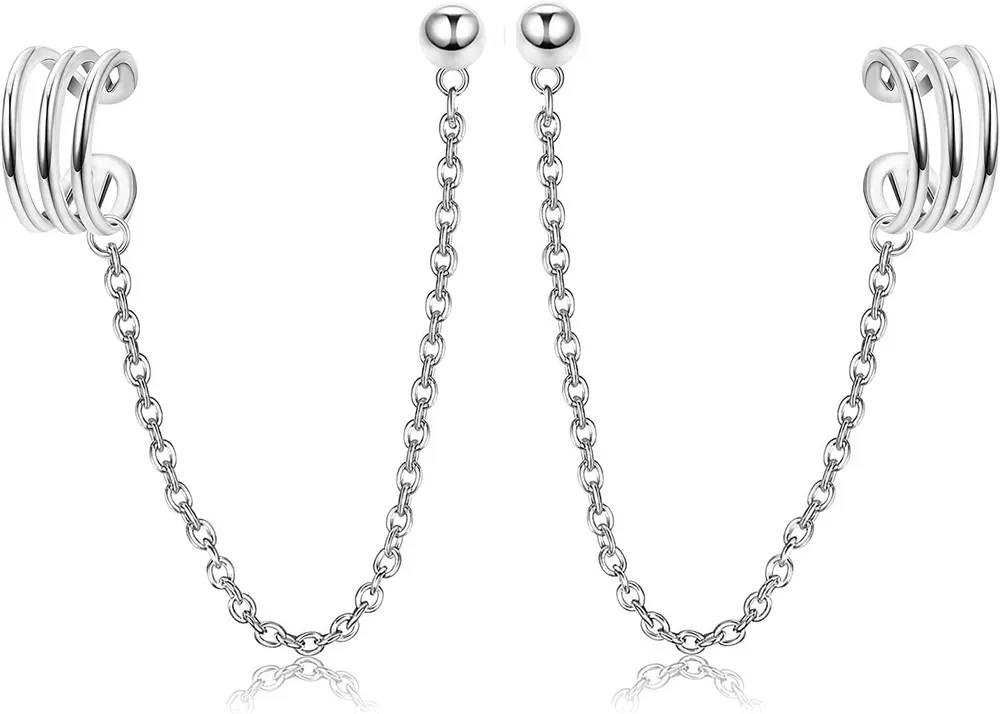 925 Sterling Cuff Earrings Chain Studs for Women Heart/Cubic Zirconia/Moon Star Wrap Crawler Stud Earrings Cartilage Hypoallergenic Earrings - Grocery