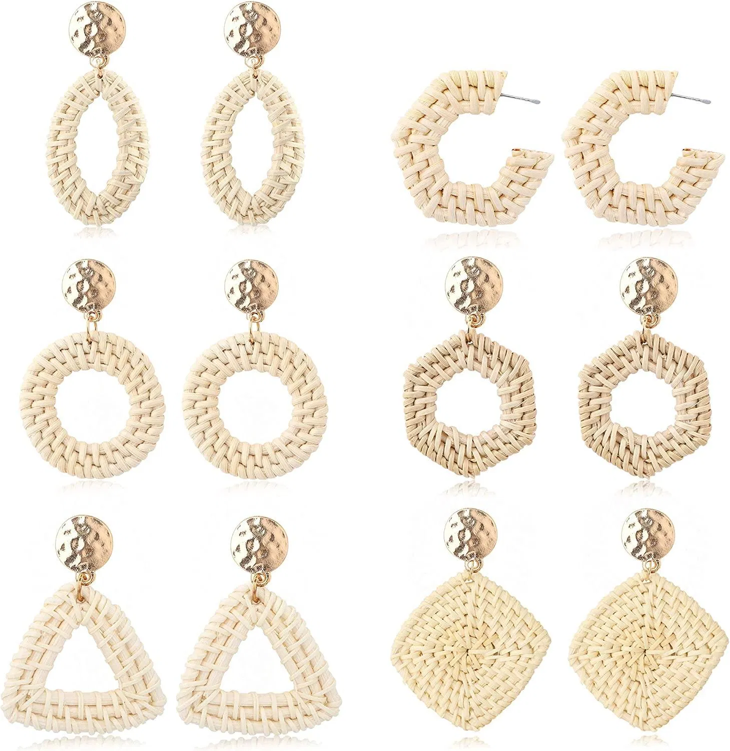 6 Pairs Woven Rattan Earrings for Women Handmade Boho Straw Wicker Braid Drop Dangle Earrings Lightweight Geometric Statement Earrings - Grocery