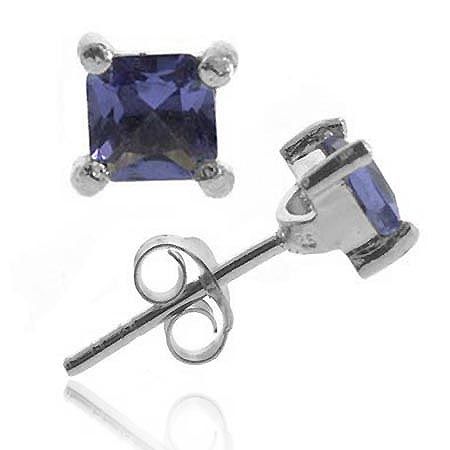 Sterling Silver .925 Tanzanite cz Stone Square 5mm Stud Earrings - Grocery