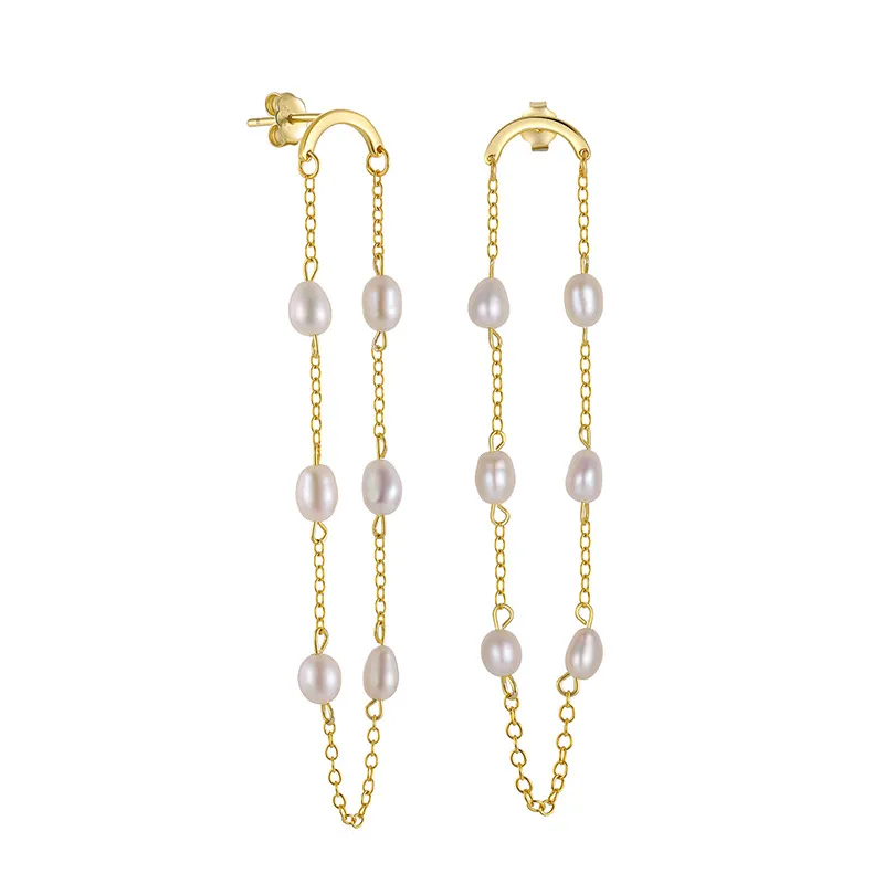 Sterling Silver Curved Tassel Pearl Chain Earrings - Grocery
