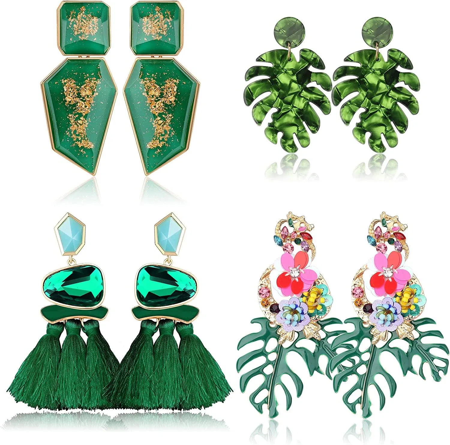 4 Pairs Statement Earrings for Women Acrylic Palm Leaf Earrings Bohemian Flower Dangle Alloy Earrings Tassel Earrings Set - Grocery