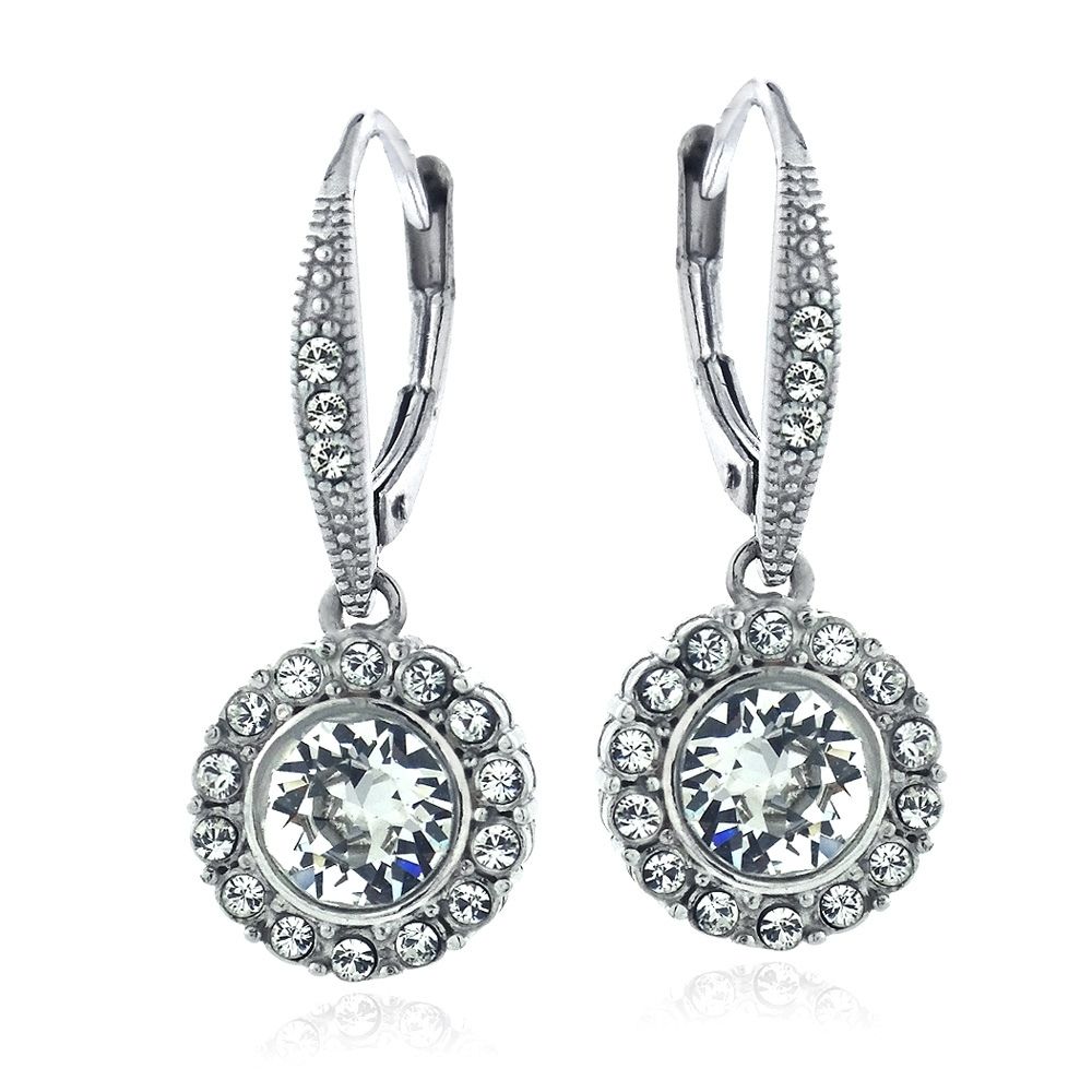 Silver Tone Swarovski Elements Round Halo Leverback Earrings - Grocery