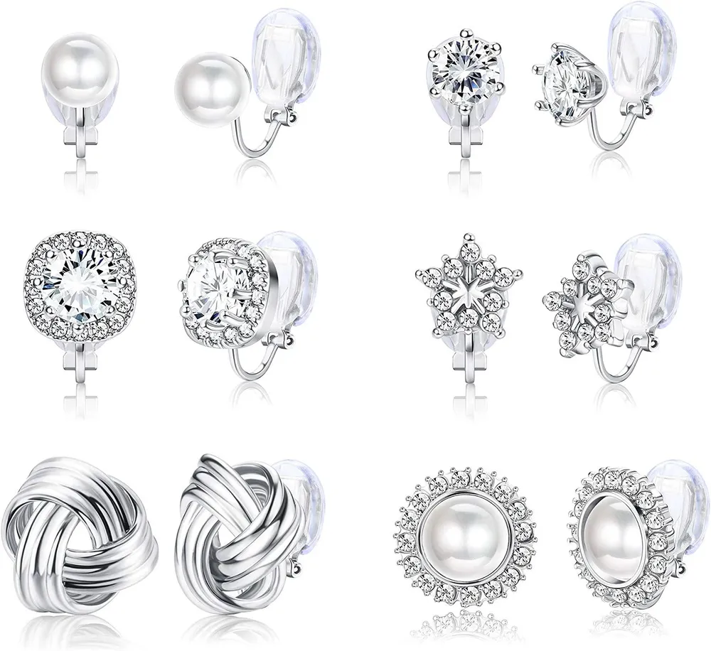 6 Pairs Clip On Earrings for Women Round Faux Pearl CZ Twist Knot Fashion Non Pierced Clip On Earrings Set - Grocery