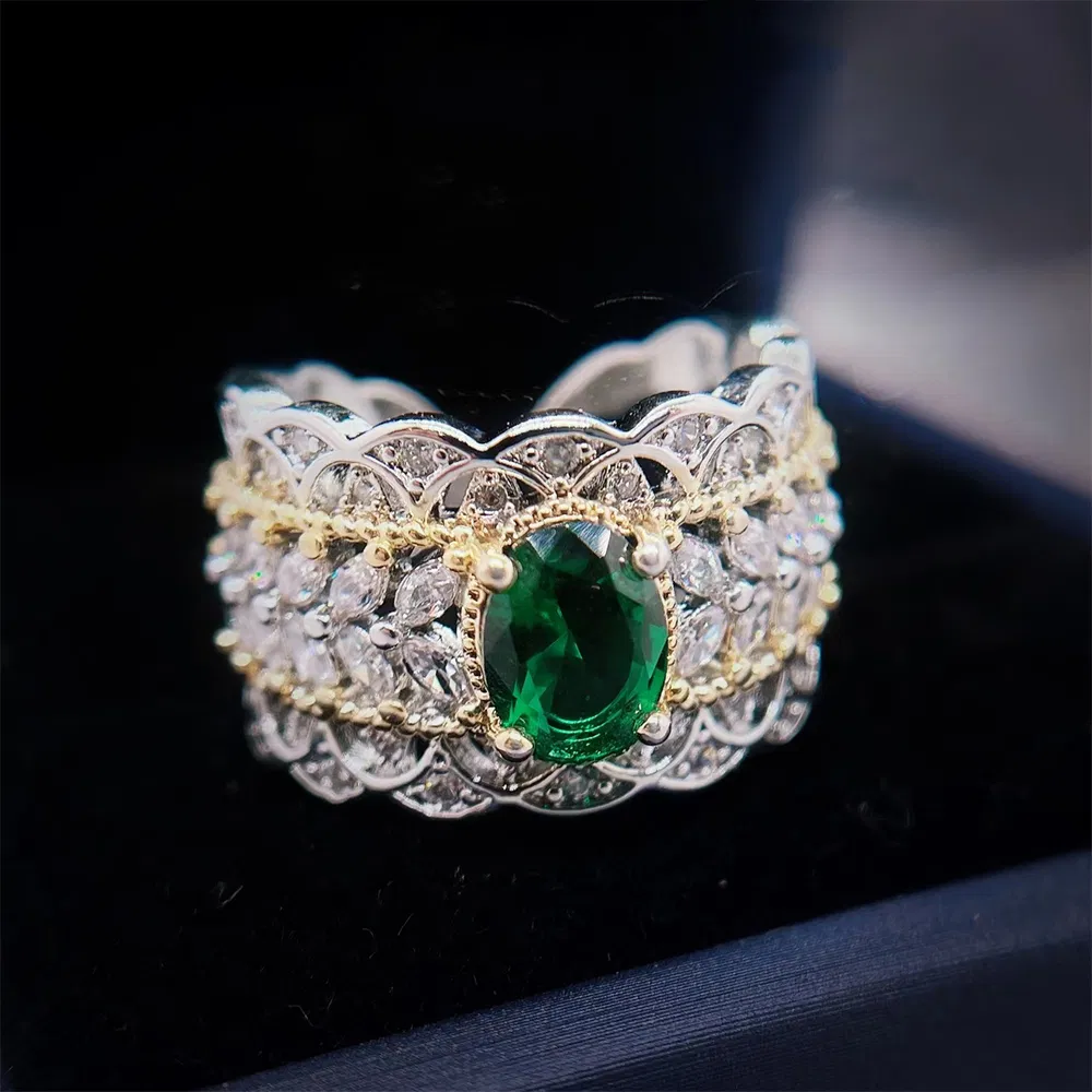 Italian Retro Court Style Hollow Two-color Jewelry Imitation Emerald Dove Egg Ring - Grocery