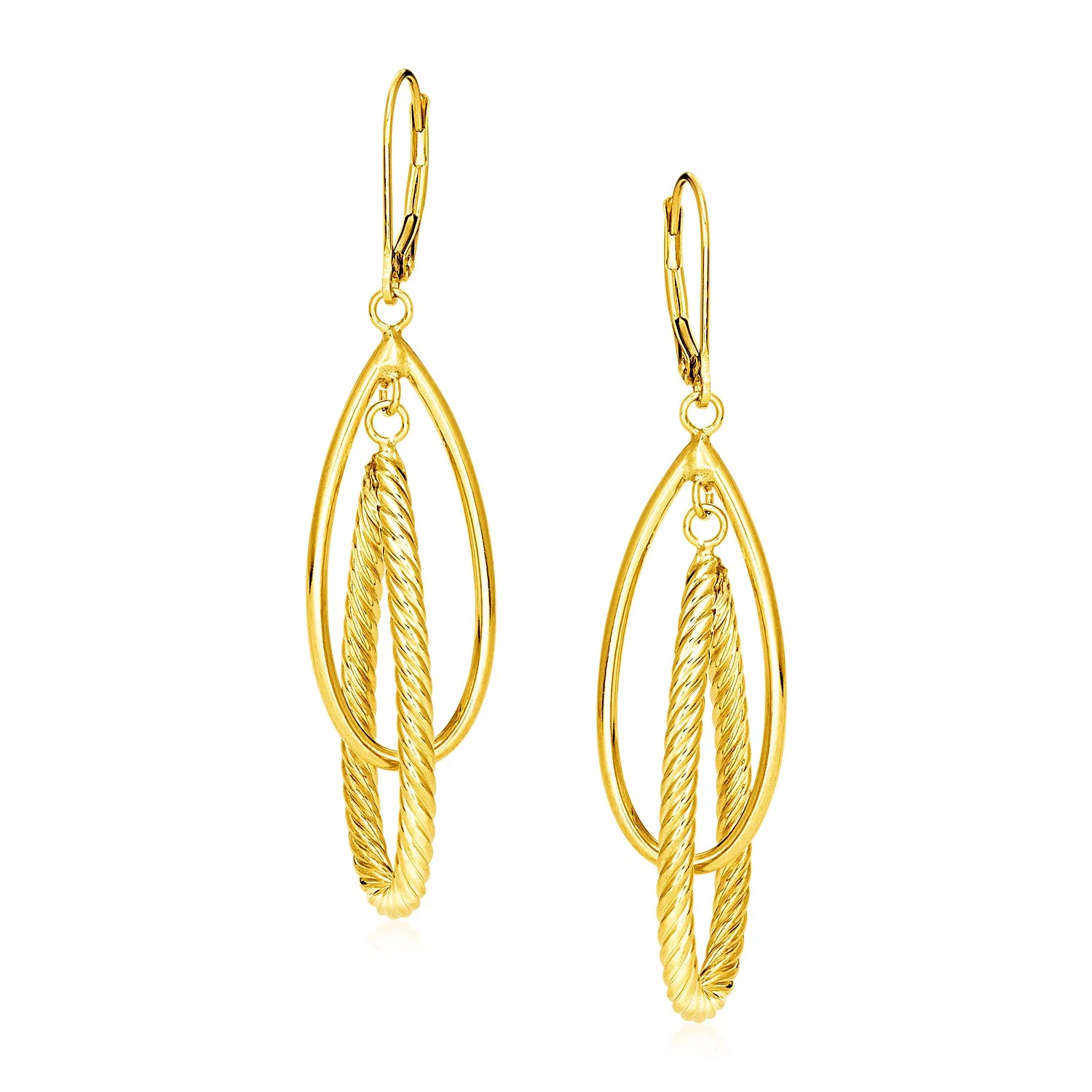 14k Yellow Gold Earrings with Shiny and Textured Teardrop Dangles - Grocery