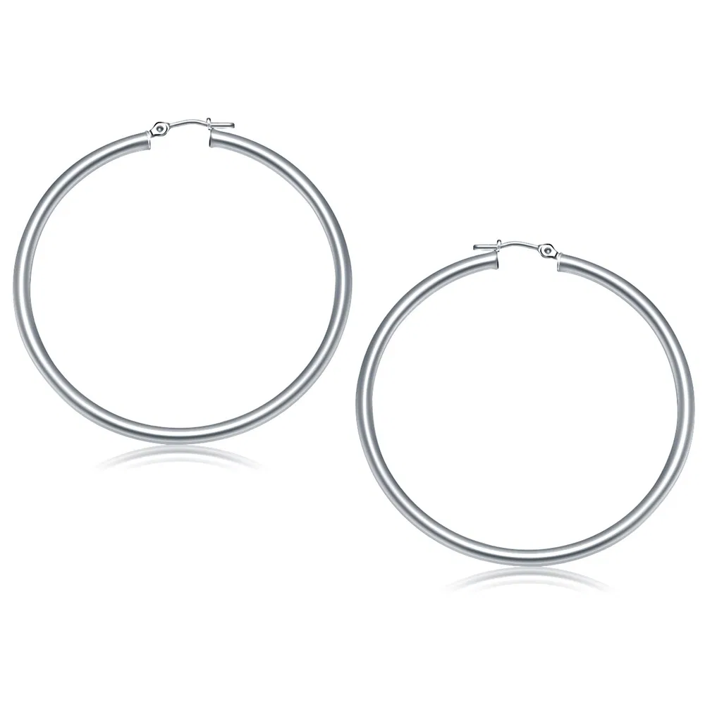 14k White Gold Polished Hoop Earrings (3x50mm) - Grocery