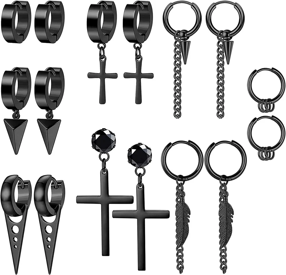 8 Pairs Stainless Steel Stud Earrings Hoop Earrings for Men Women Small Hoop Drop Earrings Set Kpop Earrings Feather Piercing Huggie Cross Earrings Set - Grocery