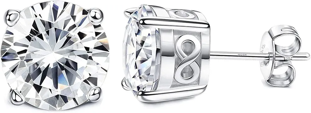 925 Sterling CZ Stud Earrings for Men Women Four-prong Round Clear Zirconia Earring Studs Butterfly Backed Earrings Jewellery; 8mm - Grocery