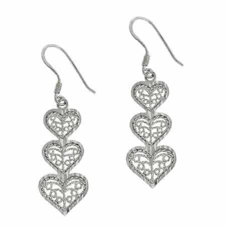 Sterling Silver Filigree Three Graduating Hearts Dangle Earrings - Grocery