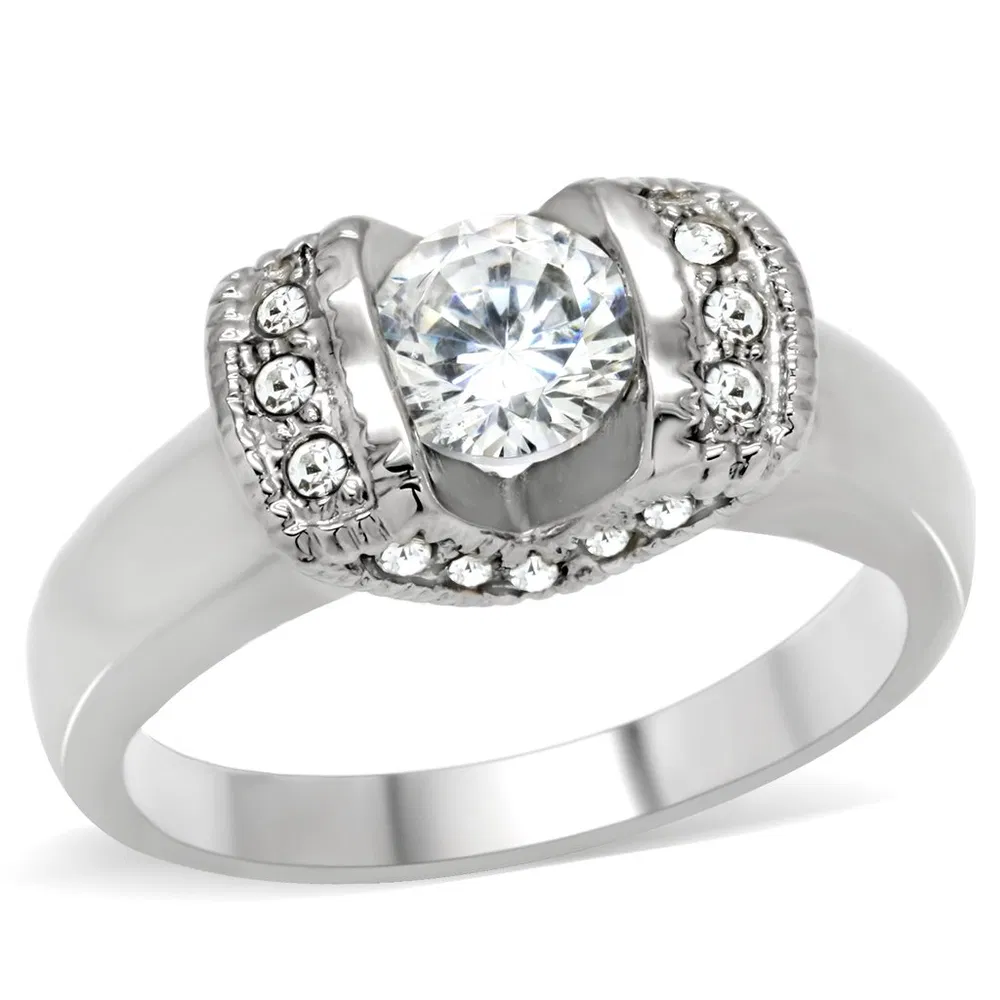 TK194 - High polished (no plating) Stainless Steel Ring with AAA Grade CZ in Clear - Grocery