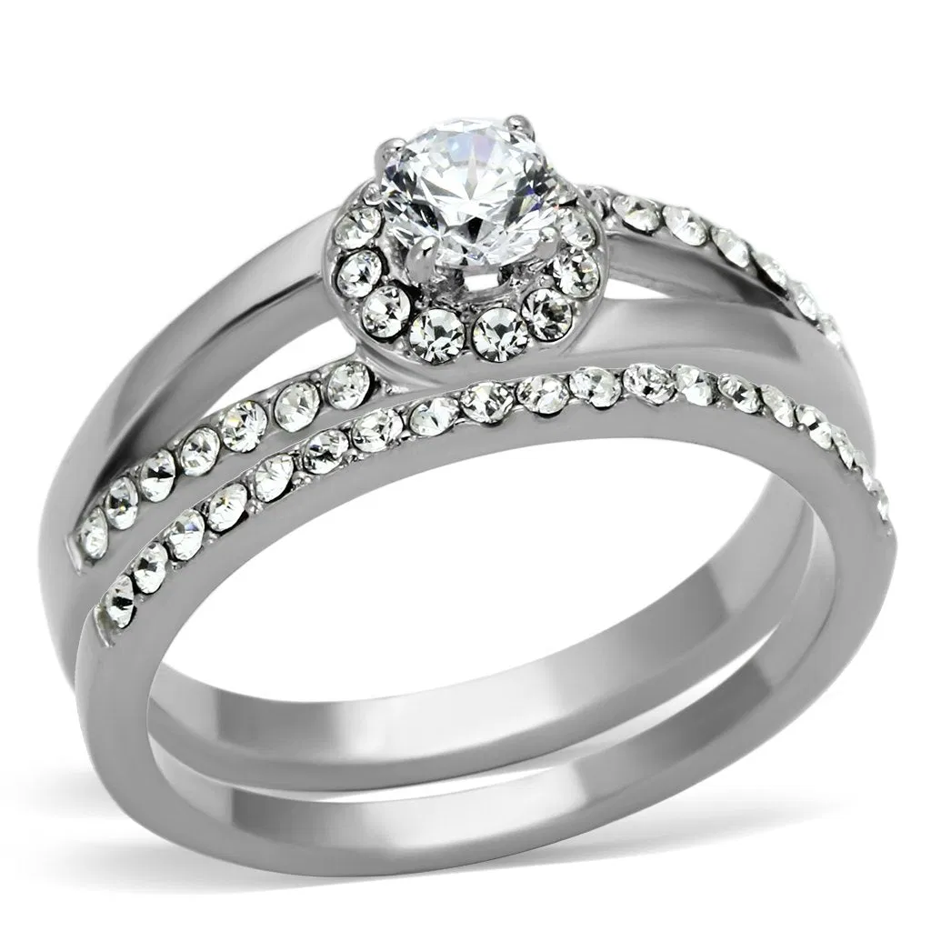 TK971 - High polished (no plating) Stainless Steel Ring with AAA Grade CZ in Clear - Grocery