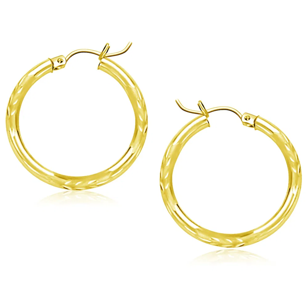 14k Yellow Gold Diamond Cut Hoop Earrings (3x25mm) - Grocery