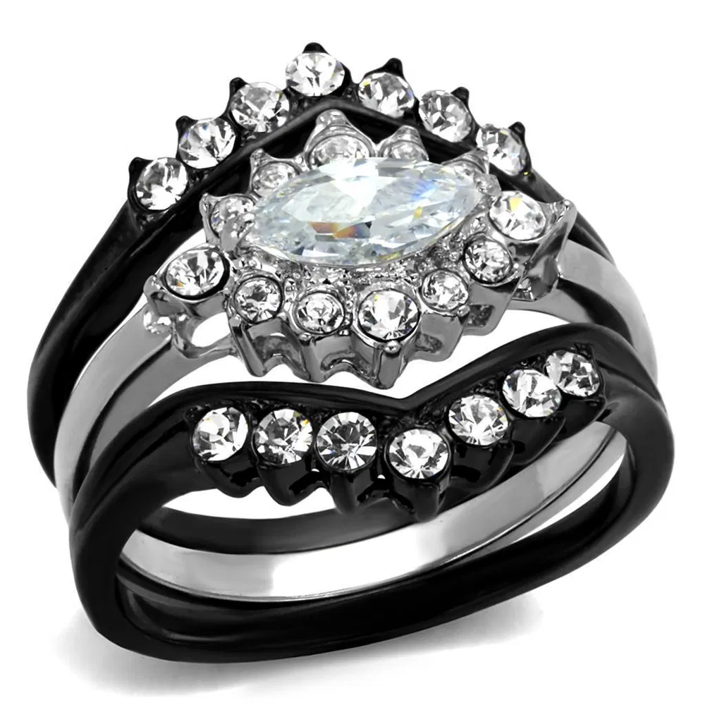 TK2188 - Two-Tone IP Black Stainless Steel Ring with AAA Grade CZ in Clear - Grocery
