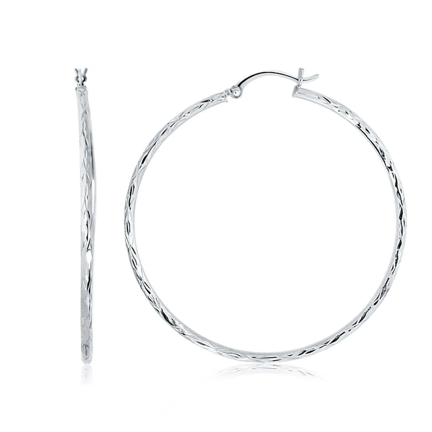 14k White Gold Diamond Cut Hoop Earrings (1 3/4 inch Diameter) - Grocery