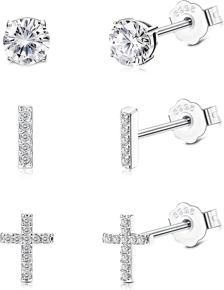 3 Pairs Sterling Silver Stud Earrings Set for Women Men Tiny CZ Cross Cartilage Stud Earrings Dainty Cute Heart Star Moon Stud Earrings - Grocery