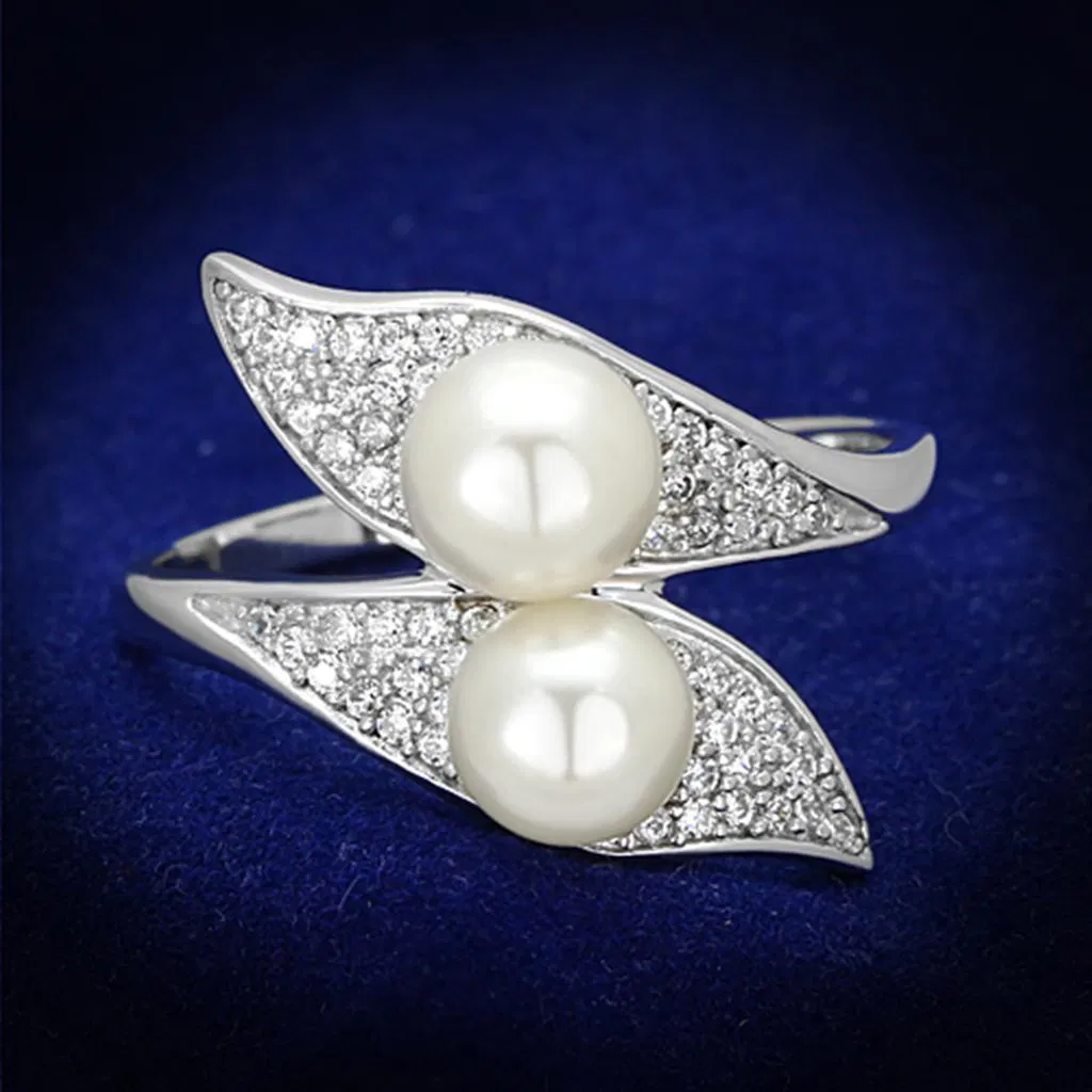 TS124 - Rhodium 925 Sterling Silver Ring with Synthetic Pearl in Citrine Yellow - Grocery