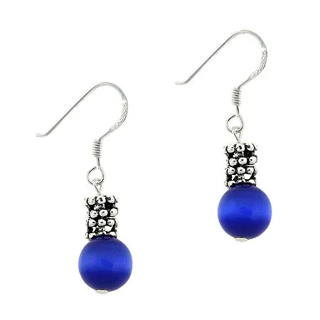 Sterling Silver Dark Blue Cats Eye & Bali Bead Dangle Earrings - Grocery